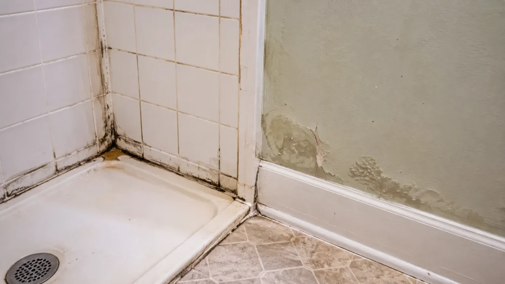 Close-up of a shower corner with mildew on the grout and water-damaged paint on the nearby wall.