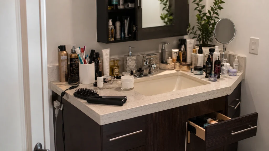 Bathroom vanity with a cluttered countertop full of toiletries and an open drawer showing limited storage space.