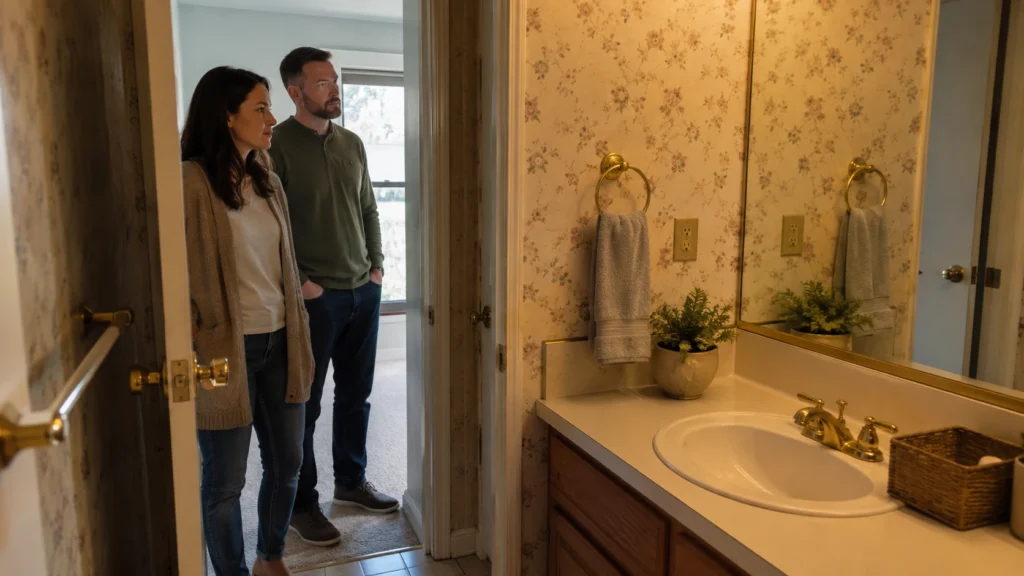 Couple evaluating a dated bathroom with brass fixtures, floral wallpaper, and older finishes.