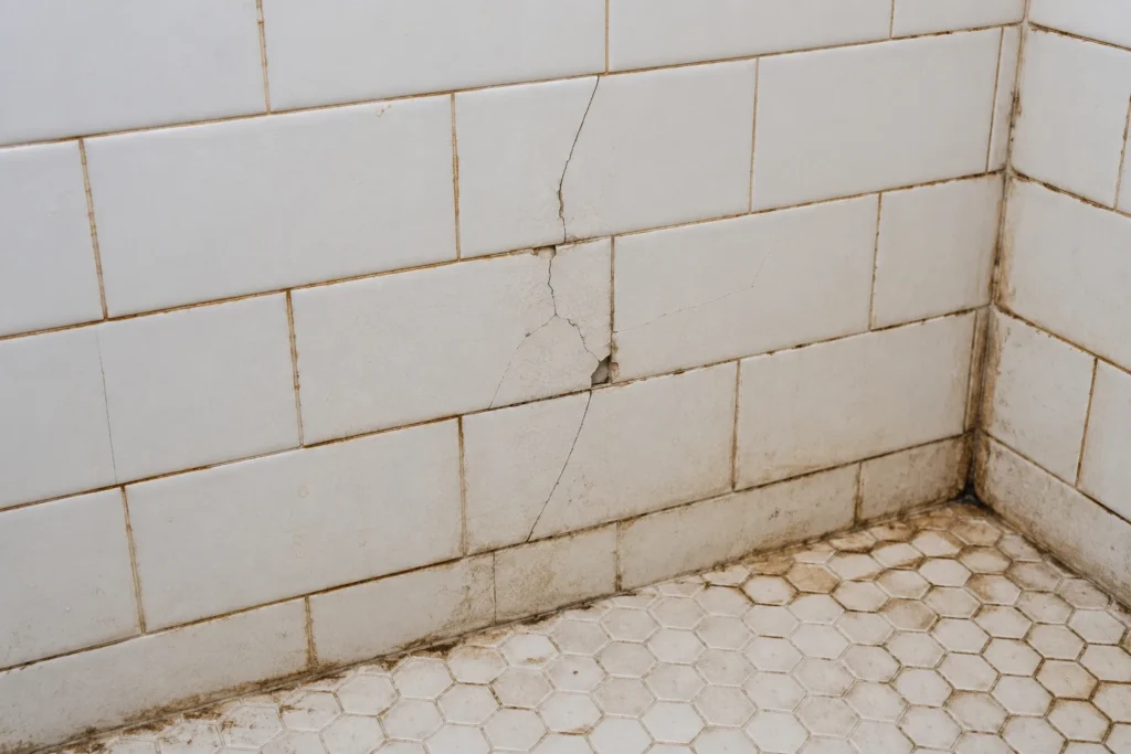 Close-up of cracked white bathroom tiles with stained grout and discoloration along the shower corner.