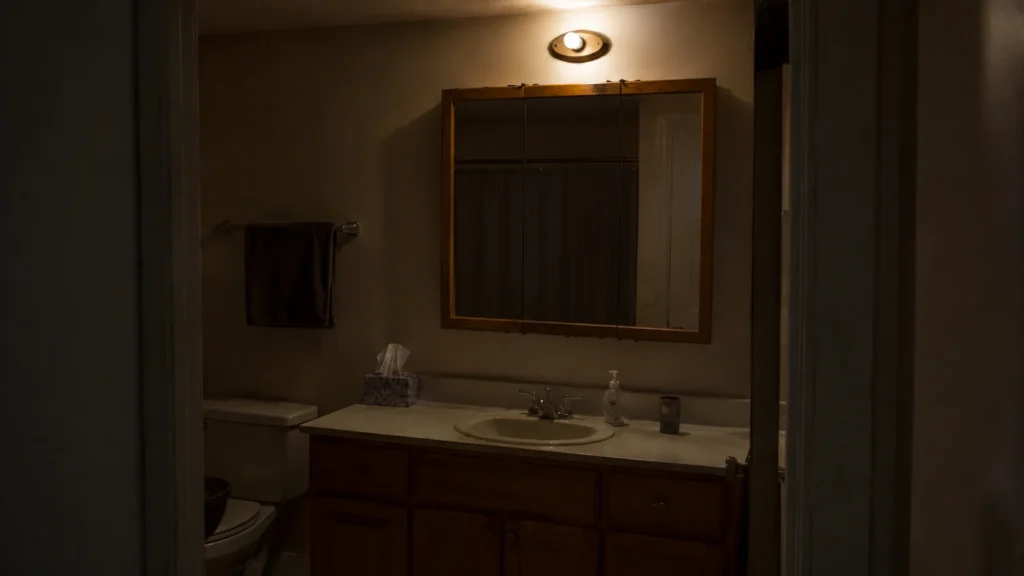 Bathroom vanity and mirror lit by a single light, creating heavy shadows and poor visibility.