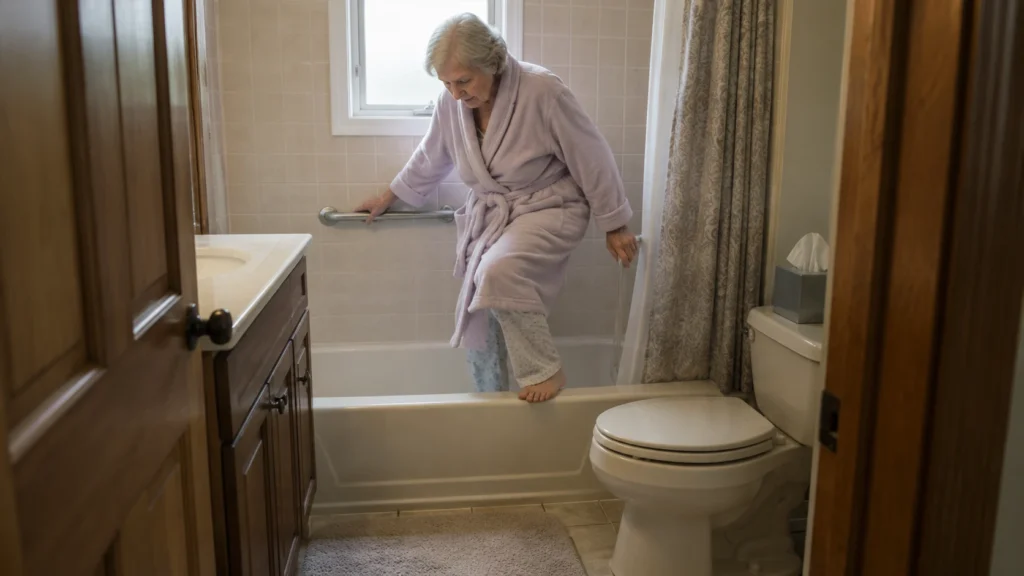Older woman carefully stepping over a high bathtub wall in a residential bathroom.